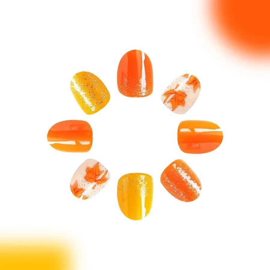 24 pieces/set of short section smooth oval cross nails autumn and winter orange maple leaf flash detachable worn fake nails W240905