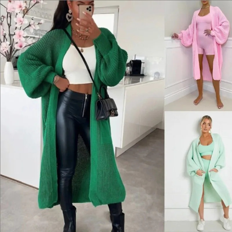 Womens sweater autumnwinter Vneck long sleeved solid color knitted pocket cardigan coat oversized womens clothing 240905