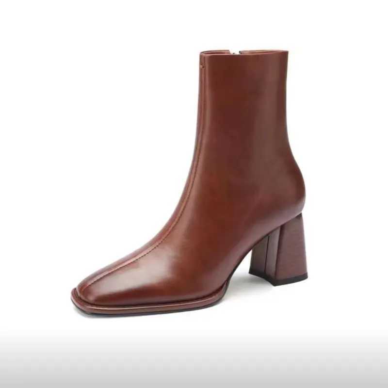 Autumn and Winter 2023 New Retro Nude Boots for Women Thick Heel Side Zipper High Heels Simple Casual Square Short Boots for Women CL240906