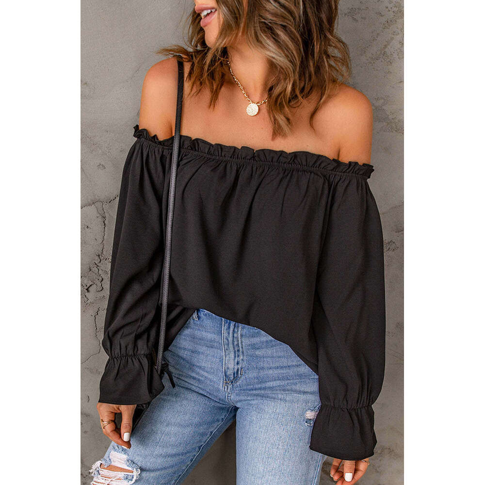 One line neck chiffon shirt Spring and Autumn new solid color pullover sexy off shoulder top for women