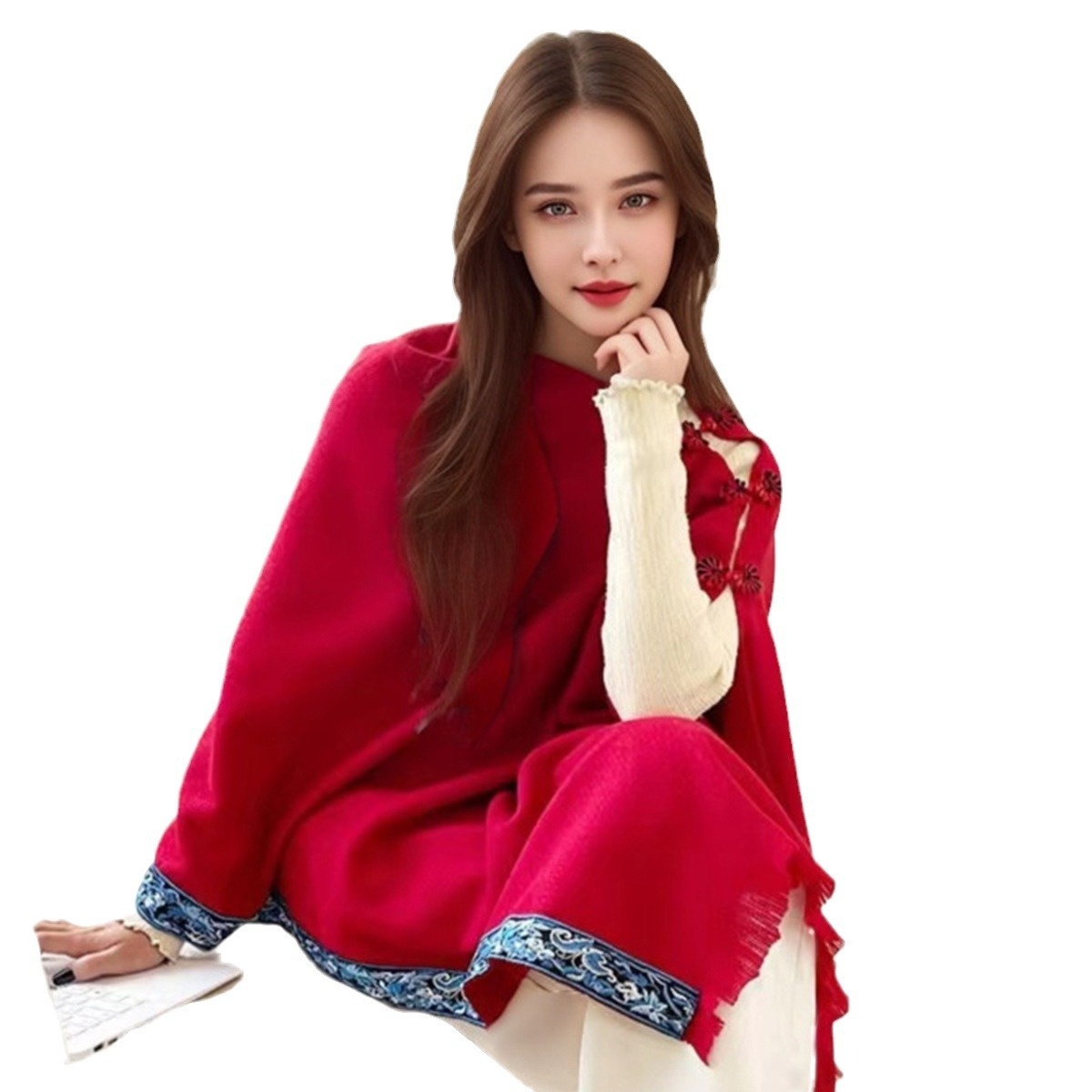 New ethnic style shawl with antique style buckle, multifunctional embroidery, warm and fashionable imitation cashmere shawl scarf