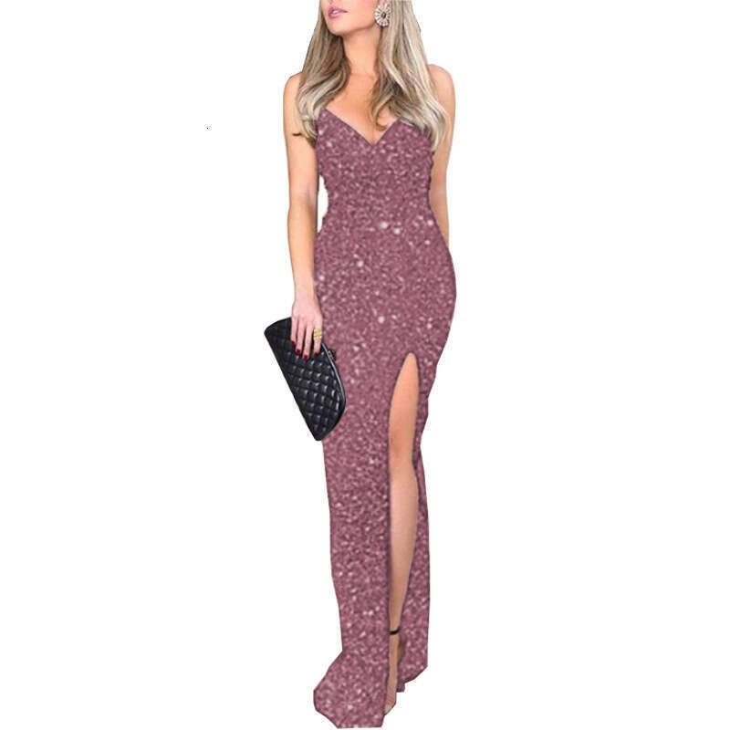 Women's new hot stamping dress, sexy split high waisted formal with V-neck strap dress
