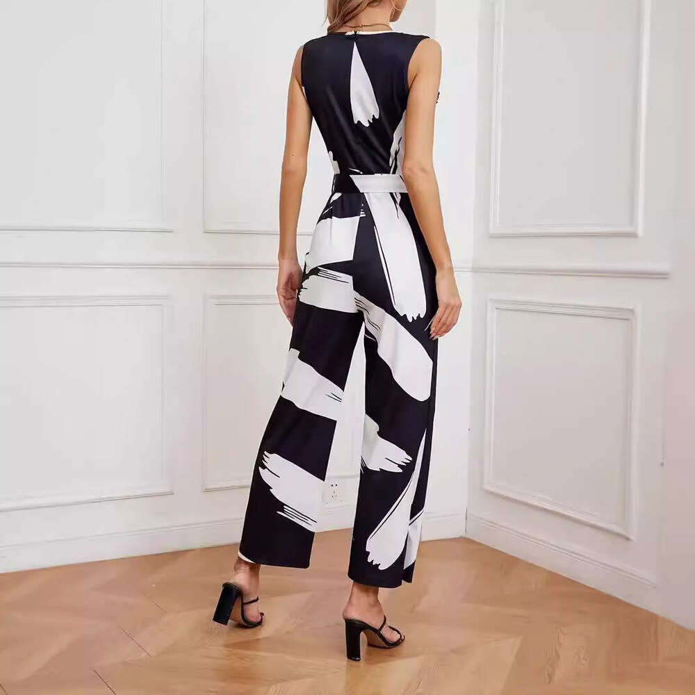 2024 New Graffiti Print with Belt White Commuter Dress jumpsuit