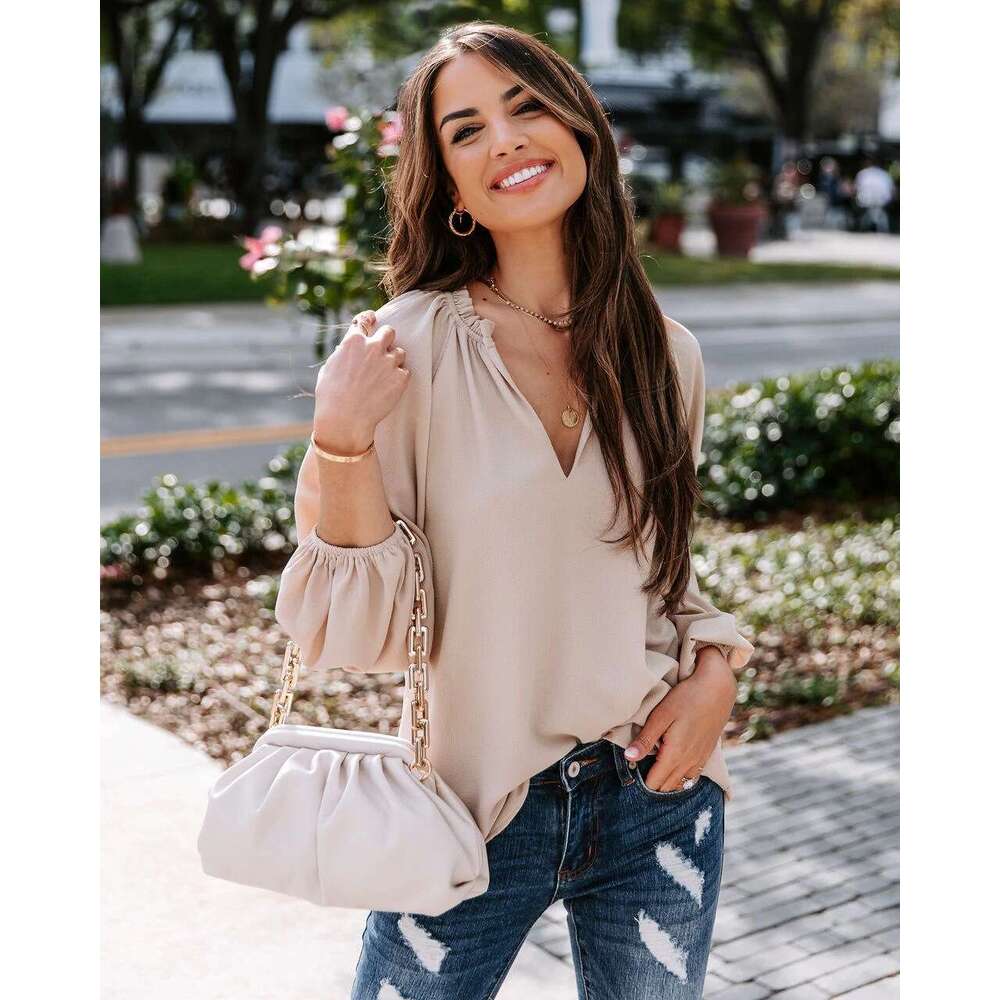 2024 Spring and Autumn New Women's Cool Long Sleeve Shirt Solid Color Comfortable Casual V-neck Loose Top