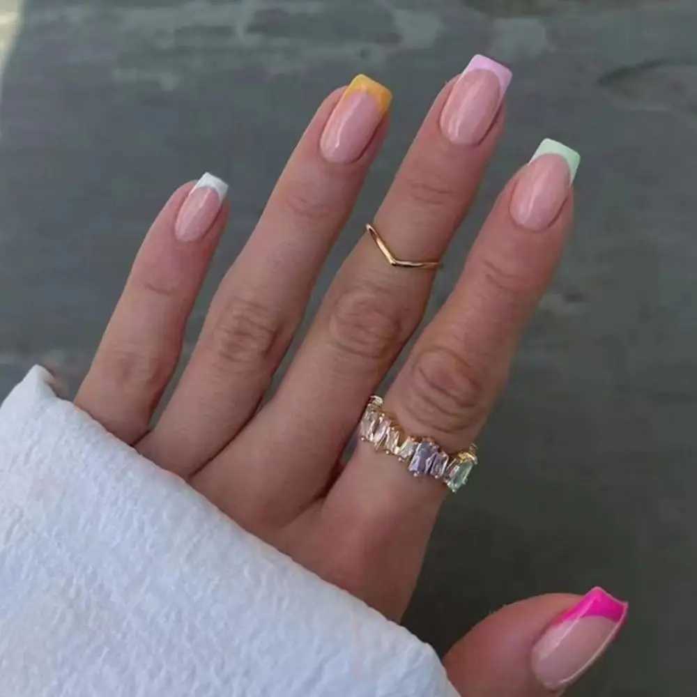 Rectangular False Nail French Green Yellow Edge False Neil Full Cover Detachable Pressing Female Nail W240905
