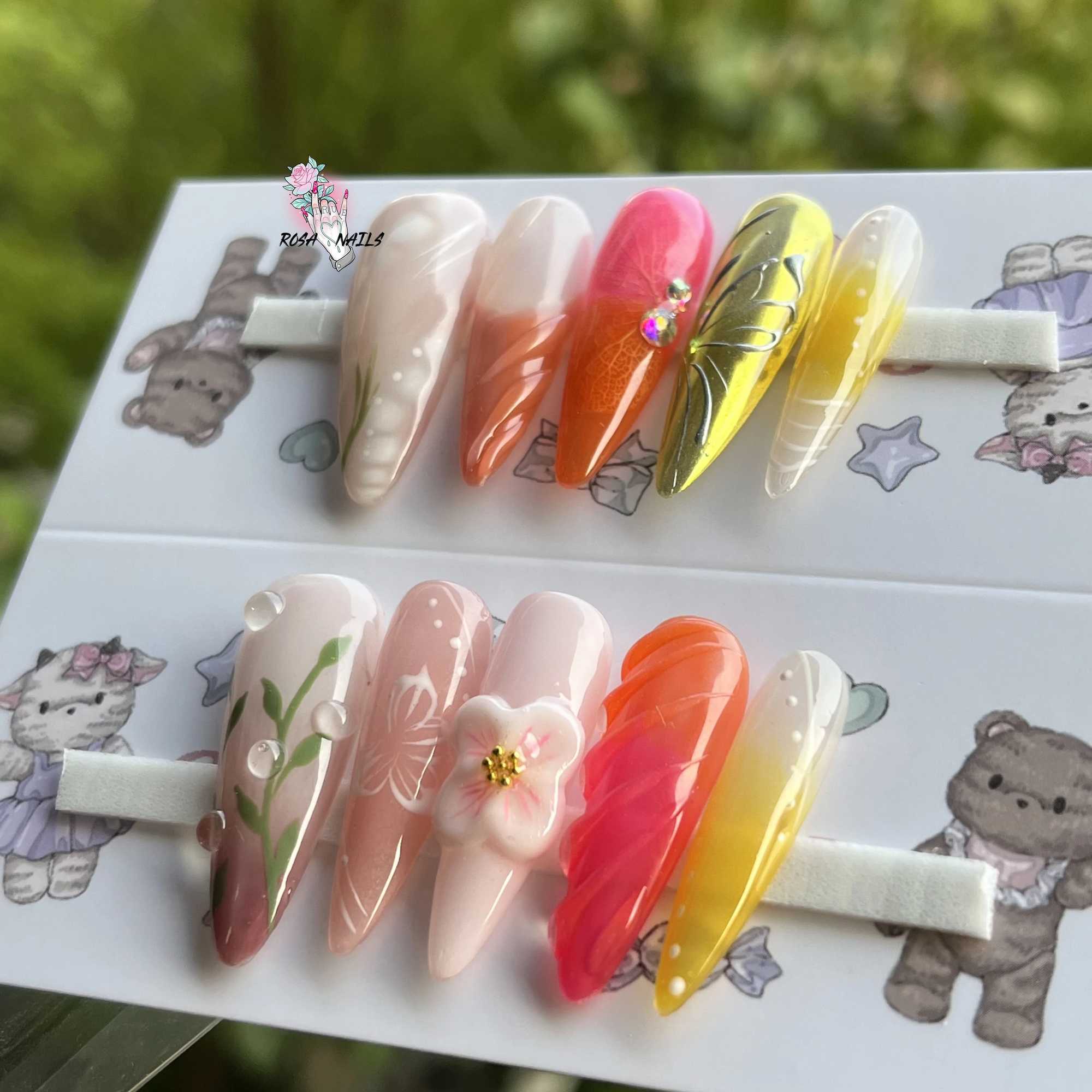 Dry flower Hand pressing nail 3D gel flower y2k Hand painting hibiscus peony Pressing long fine grain acrylic false nail tip W240905