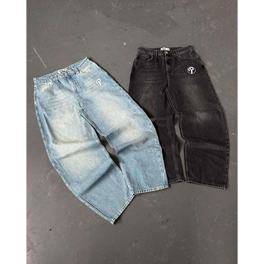 Retro casual men clothing black Designer baggy jeans y2k hip hop Haruku embroidery pattern straight wide leg pants versatile streetwear