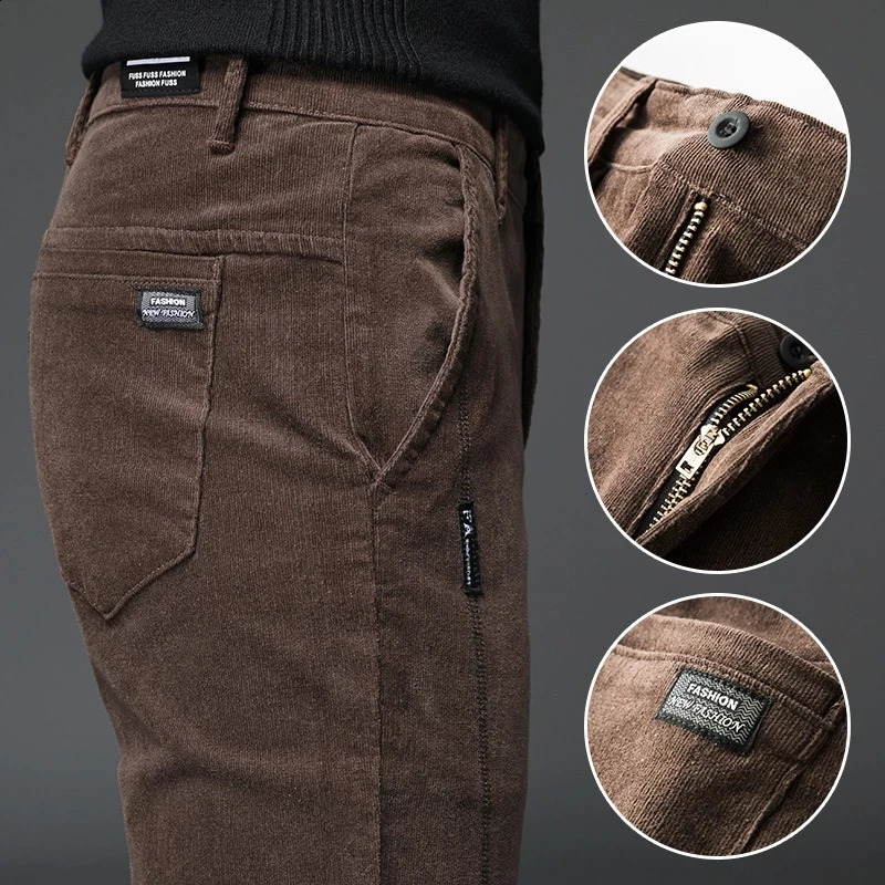 Autumn and winter straight slim fit elastic mens Corduroy pants solid loose casual thick Trouser size 2838 240905