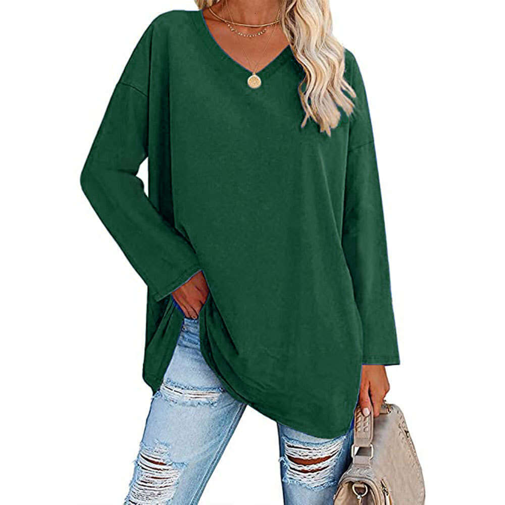 Extra large t-shirt 2022 new multi-color loose shoulder sleeves V-neck solid color womens top