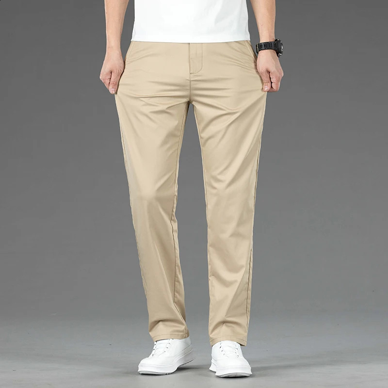 Spring and summer mens casual pants thin mulberry silk soft business slim fit straight elastic set 240905