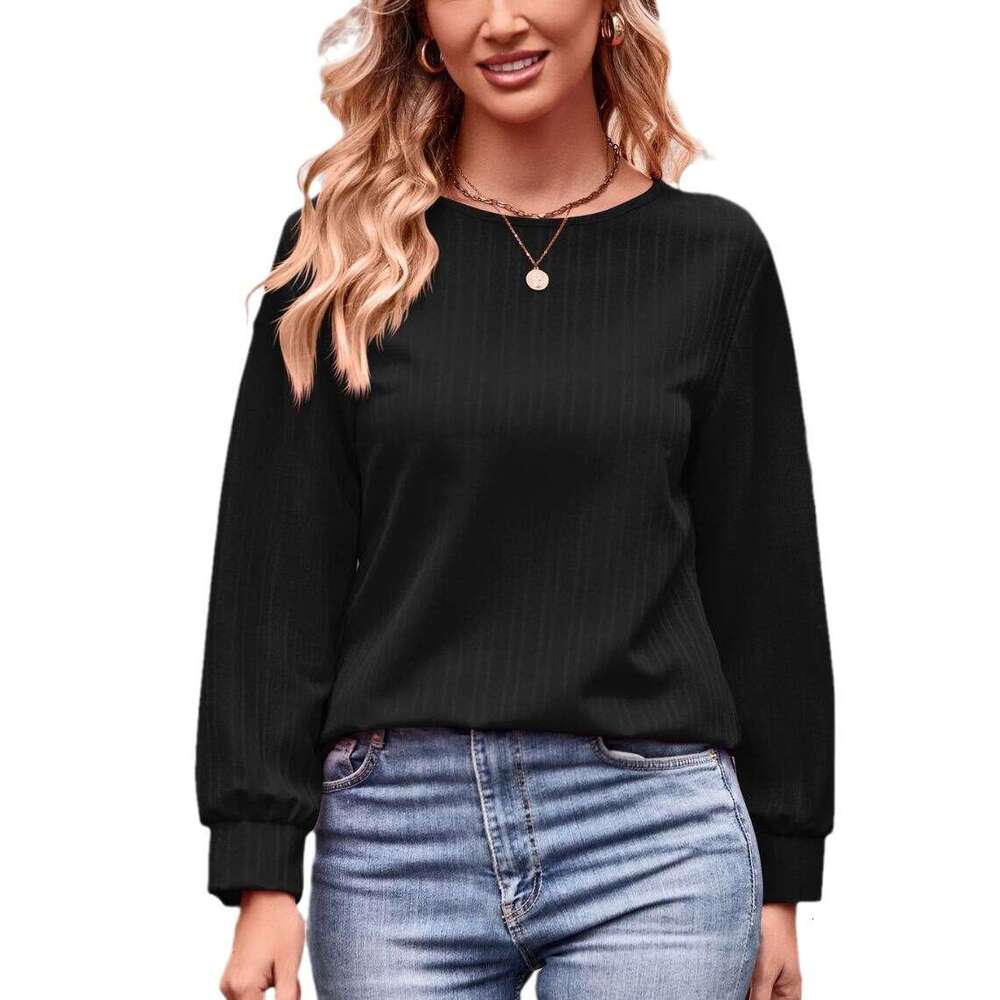 2024 Autumn New Womens Solid Color Double Line Jacquard T-shirt Long Sleeve Top