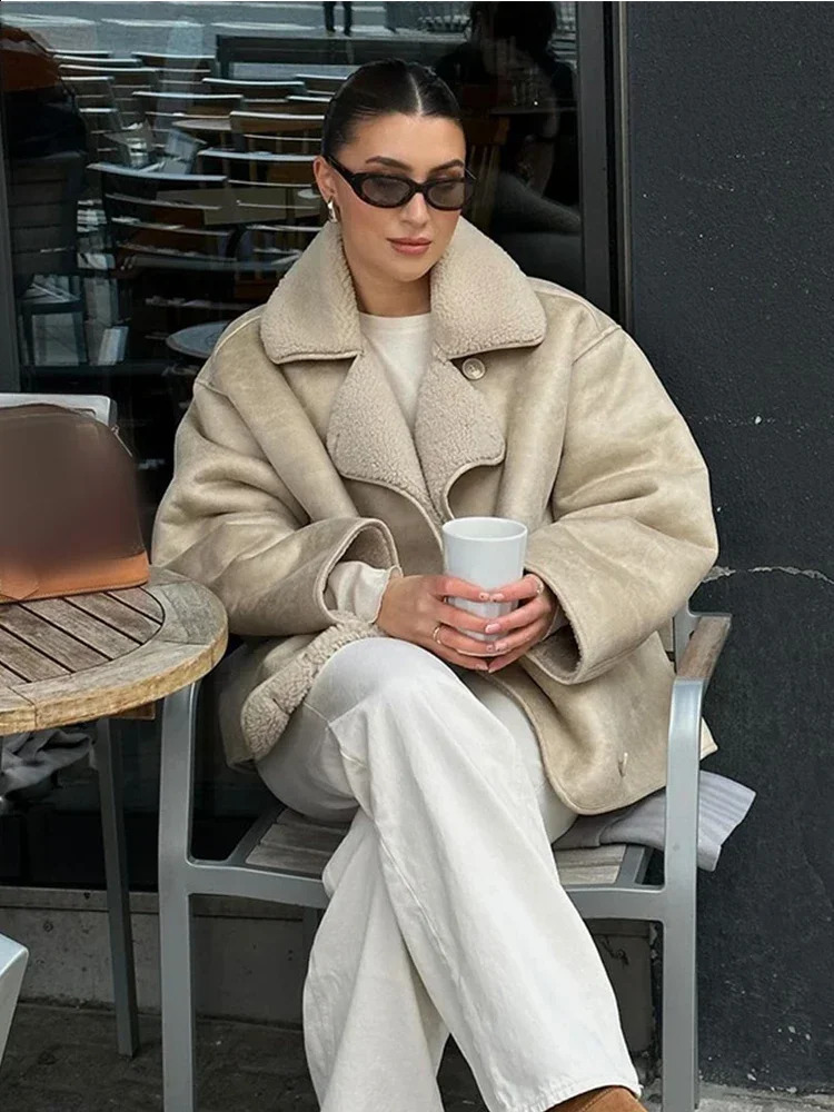 Fashion doublesided faux fur cashmere jacket for women elegant lapel button leather autumn womens 240905