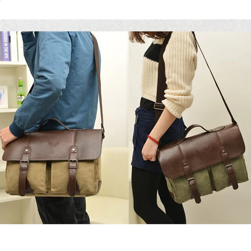 British retro mens messenger bag travel canvas strap leather briefcase Bolsos shoulder 240906