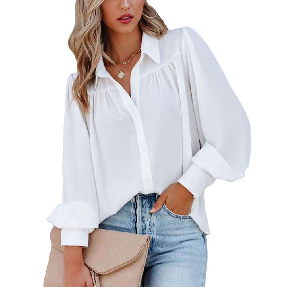 2024 buckle up top, lantern sleeve pleated solid standing collar, loose fitting shirt, long sleeved women's clothing