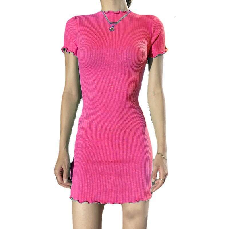 2023 black fungus edge ribbed sleeved dress for women's temperament commuting round neck solid color short skirt