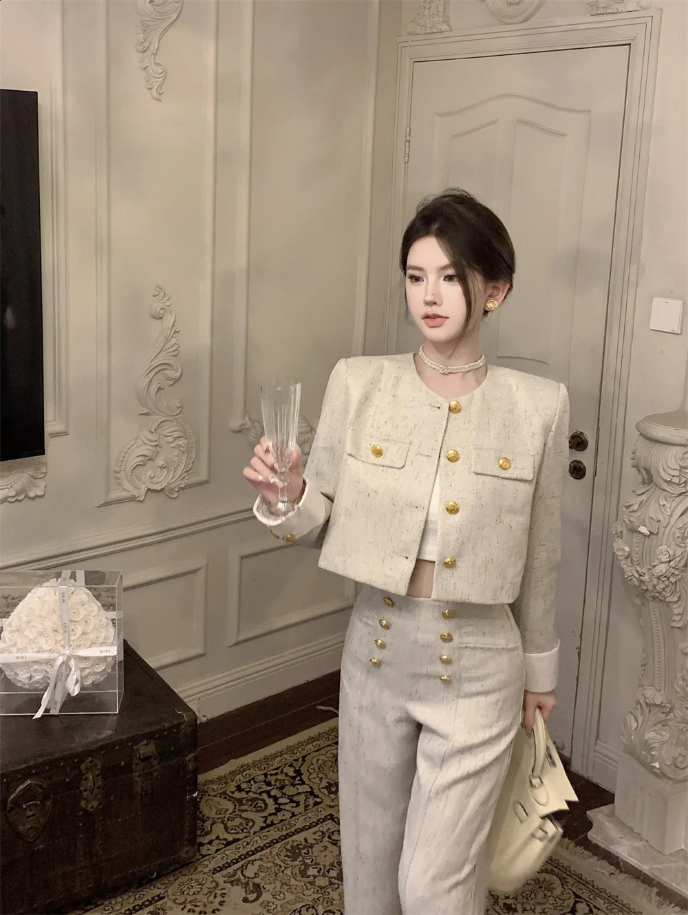 2-piece set 2-piece set checkered jacket and pants womens autumn clothing set high waisted malt top elegant Korean fashion set y2k 240903
