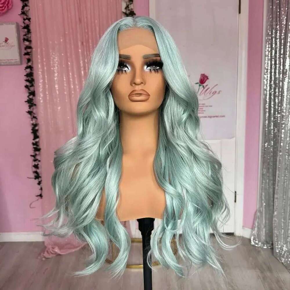 ZXBMALWIGS Synthetic Light Green Long Body Wave 26Inches Transparent Lace Front Wigs For Black Women Glueless Cosplay