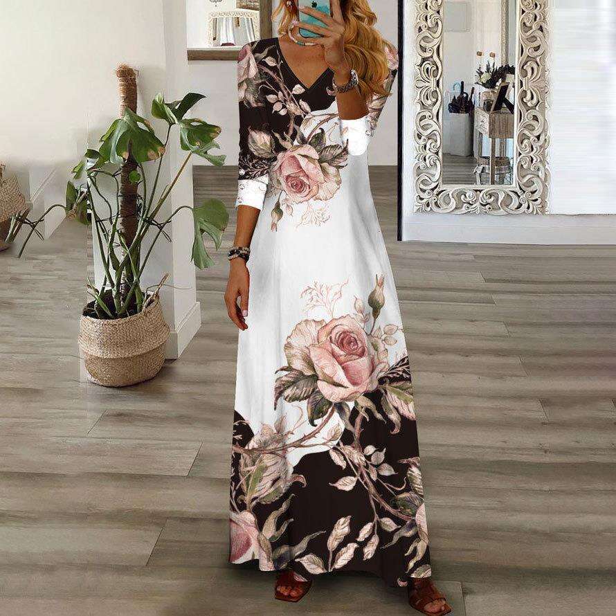 2023 Women's New Fashion Positioning Print V-Neck Button Long Sleeve Dress