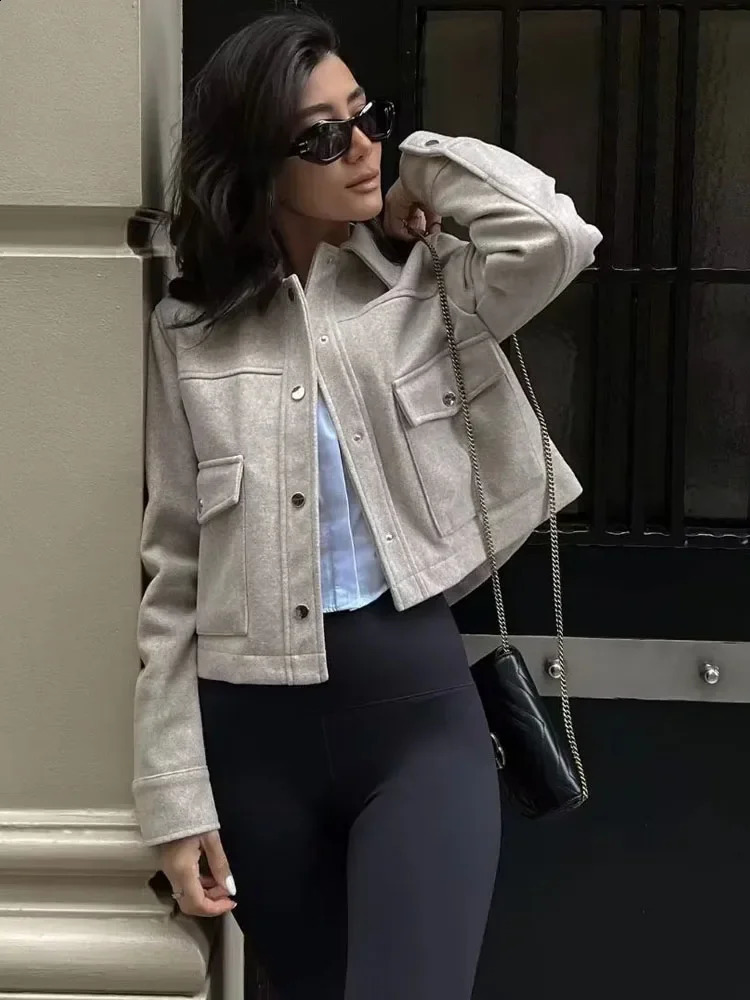 TRAF cut bomber jacket womens jacket pilot jacket wool and blend jacket autumn and winter tweed jacket 240906