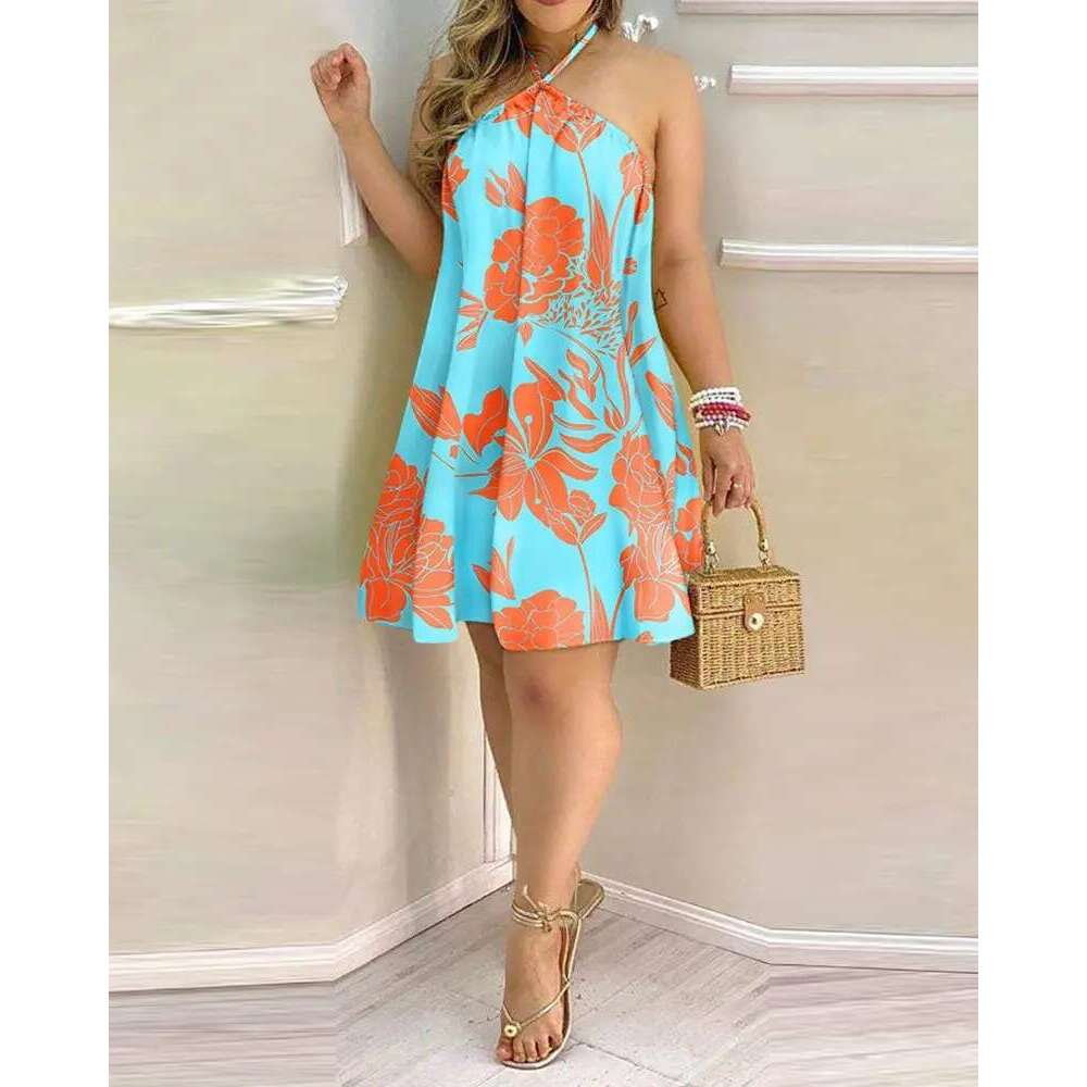 2024 Summer Printed Off Shoulder Neck Lace Loose Women's Dress for Women