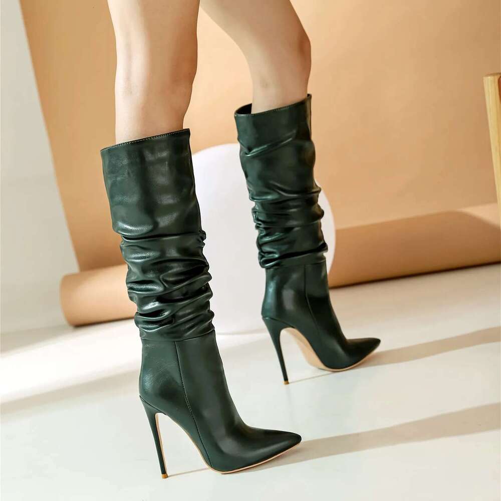 Women Boots High Heel For Womens Platform Classic Fashion Long Pointed Toe Wrinkles Winter