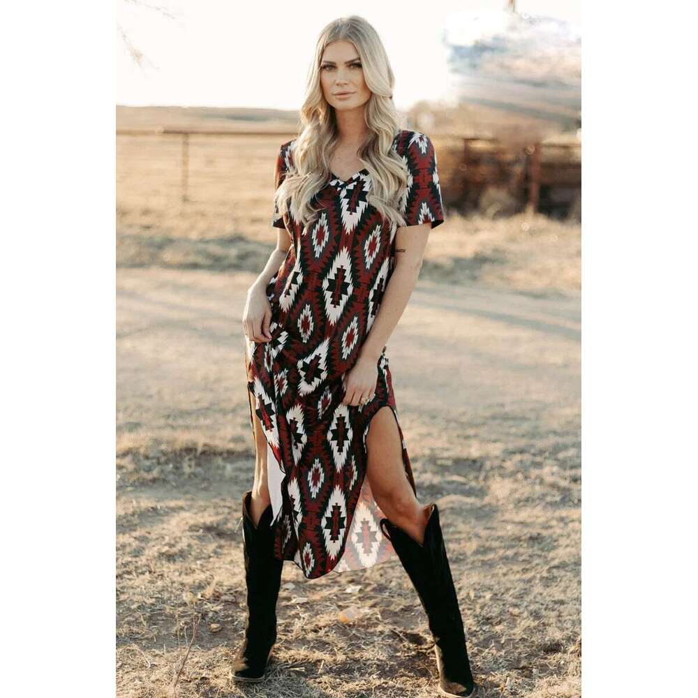 2024 Summer Diamond Step Women's Casual V-neck Hoodie Short Sleeve Home Long Dress