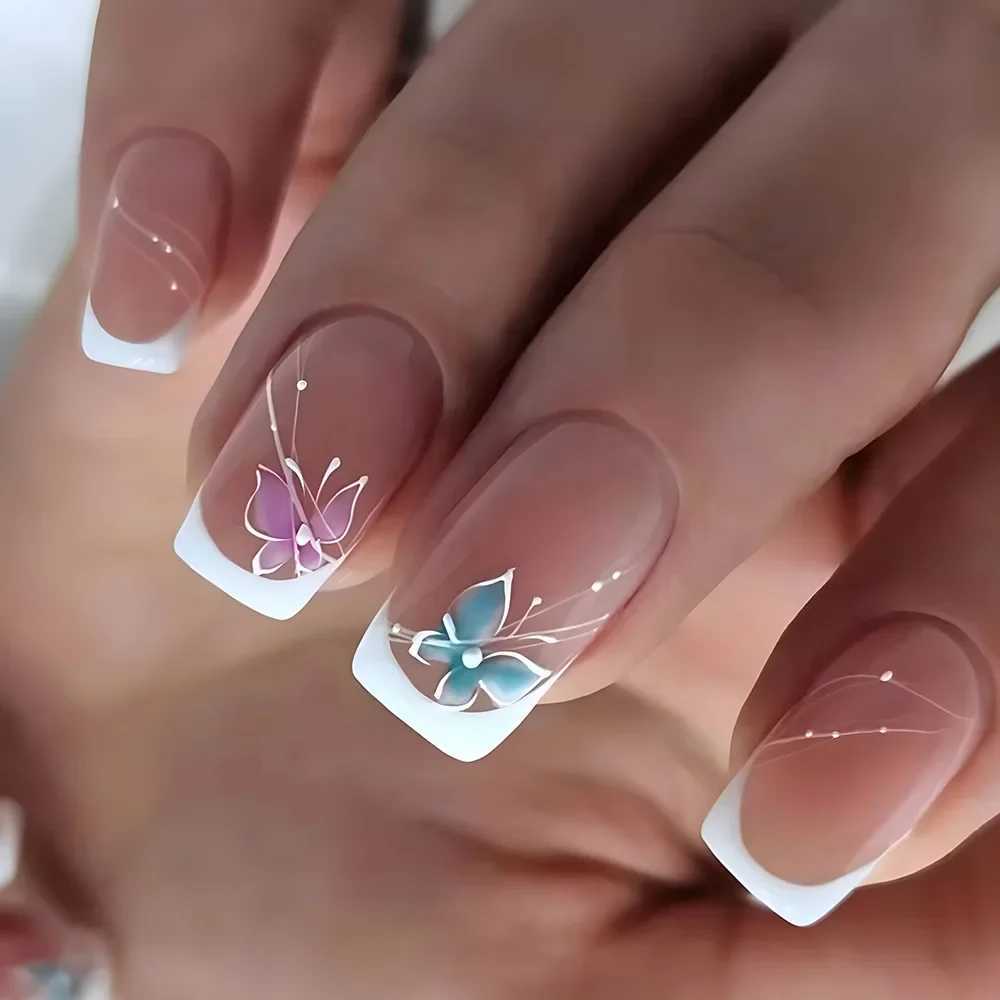 24 pieces/set of French style floral butterfly design fake nails for spring and summer seasons short and safe fake nails on art tips W240905