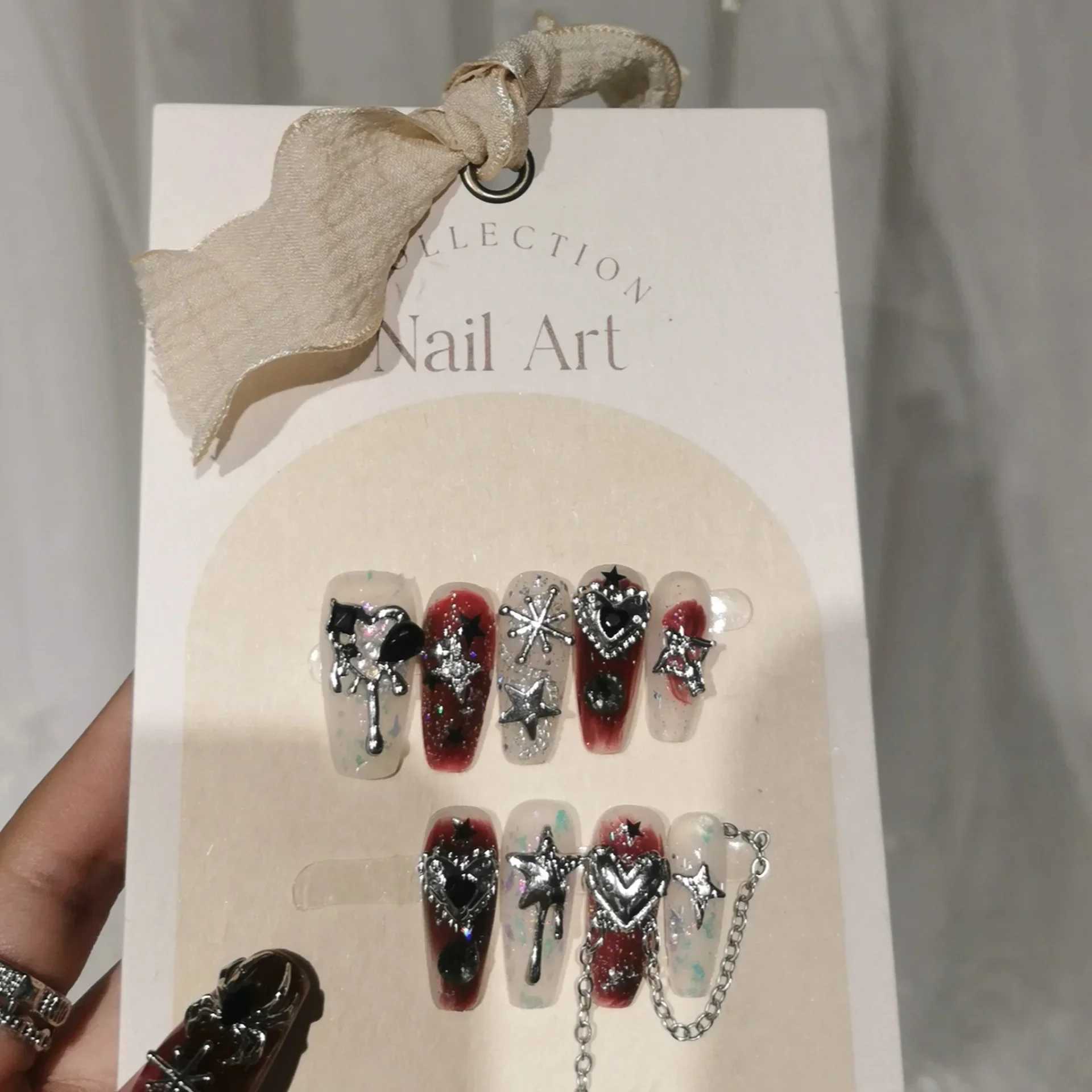 10 handmade fake nails with rose butterfly rhinestone design long ballet fully covered fake nails wearable coffin press W240905