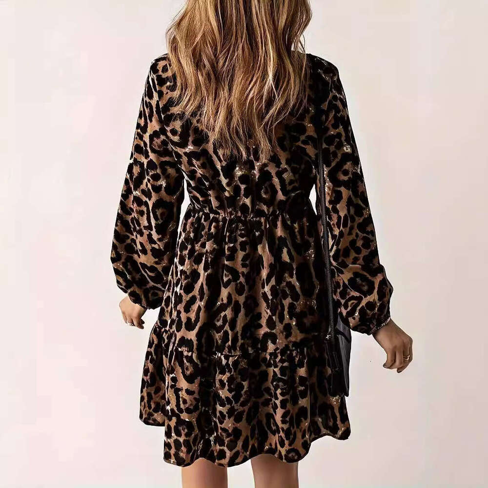 2024 autumn new leopard print long sleeved dress women, casual waist cinched V-neck knee length short skirt for women