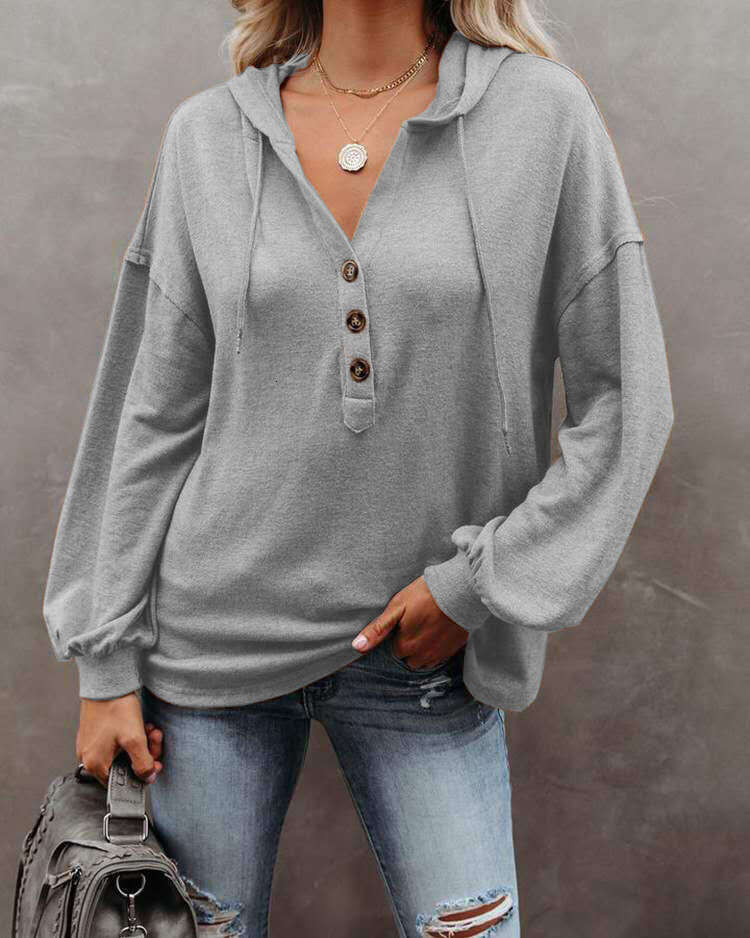 Spring 2024 New Women's Button Open Casual Loose Solid Color Hoodie