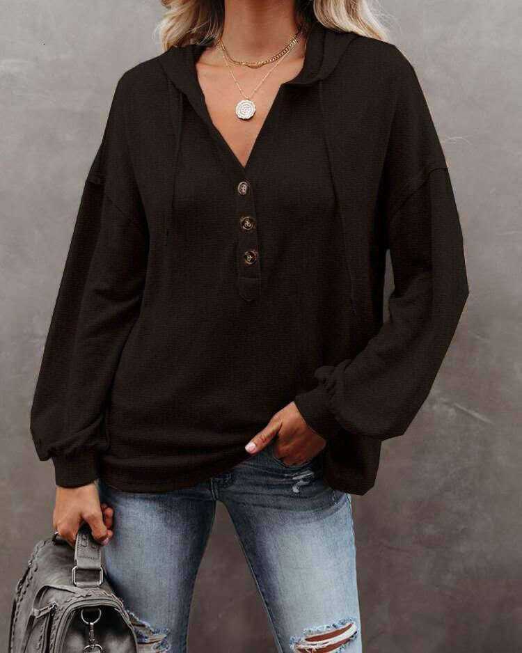 Spring 2024 New Women's Button Open Casual Loose Solid Color Hoodie