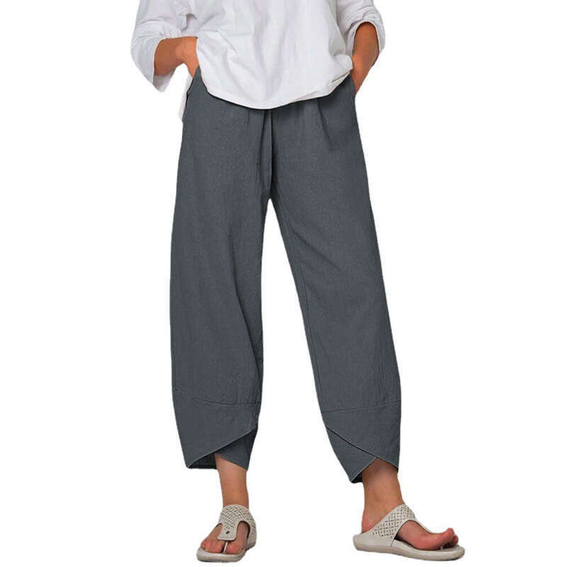 2024 Spring/Summer New Women's Cotton and Hemp Wide Leg Solid Color Large Size High Waist Loose Casual Nine Cent Pants for Women