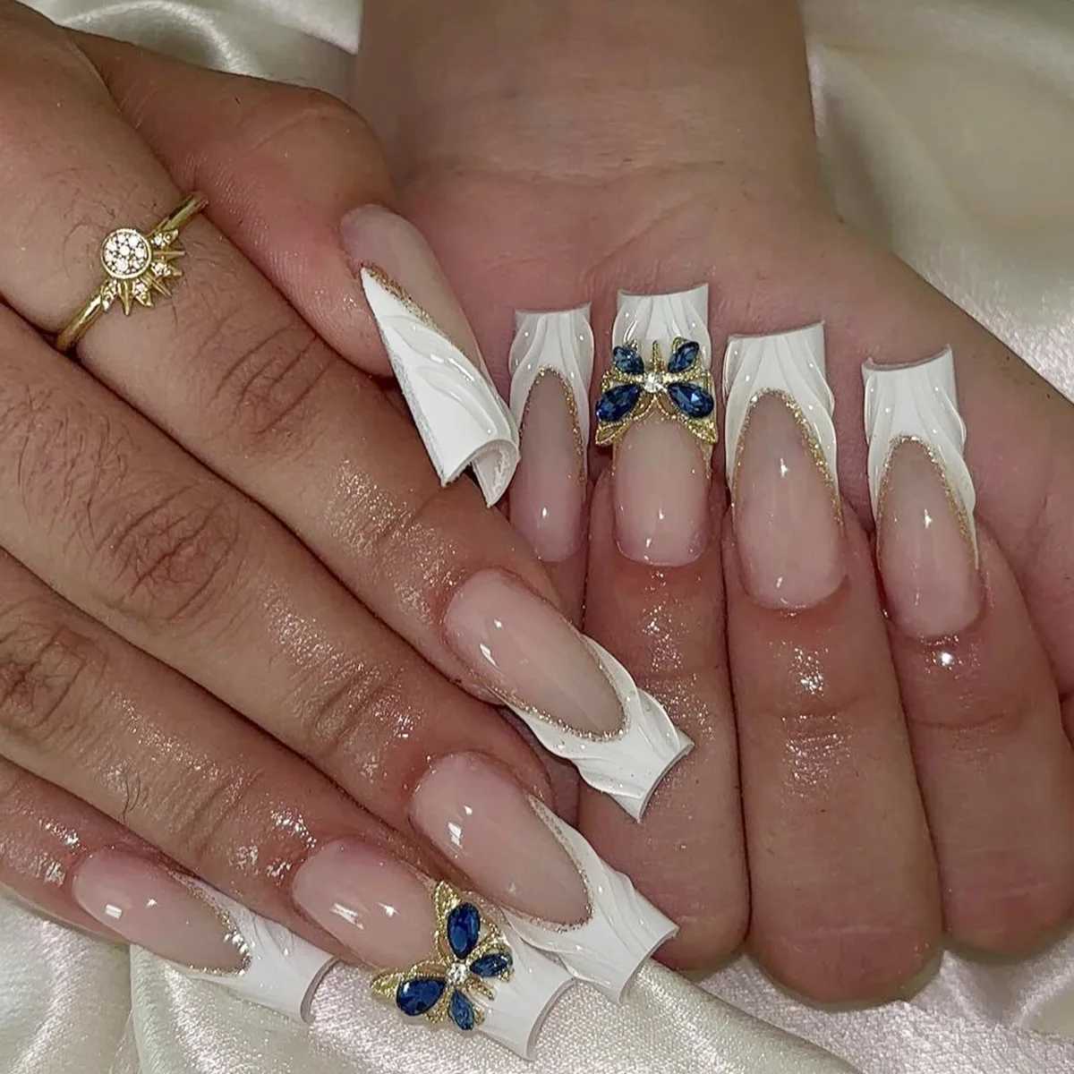 24 pieces of fully covered fake nails with glue rectangular coffin fake nails French detachable ballet troupe love patterns nail design press W240905