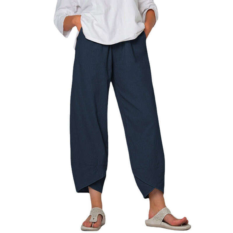 2024 Spring/Summer New Women's Cotton and Hemp Wide Leg Solid Color Large Size High Waist Loose Casual Nine Cent Pants for Women