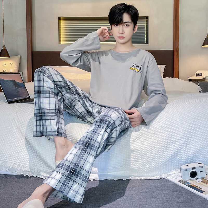 Plaid Men Pajamas Set Casual Male Sleepwear Autumn Winter Long Sleeves Long Pants Soft Pyajmas Boys Pijamas Blue Cozy Cotton Pjs Y240906