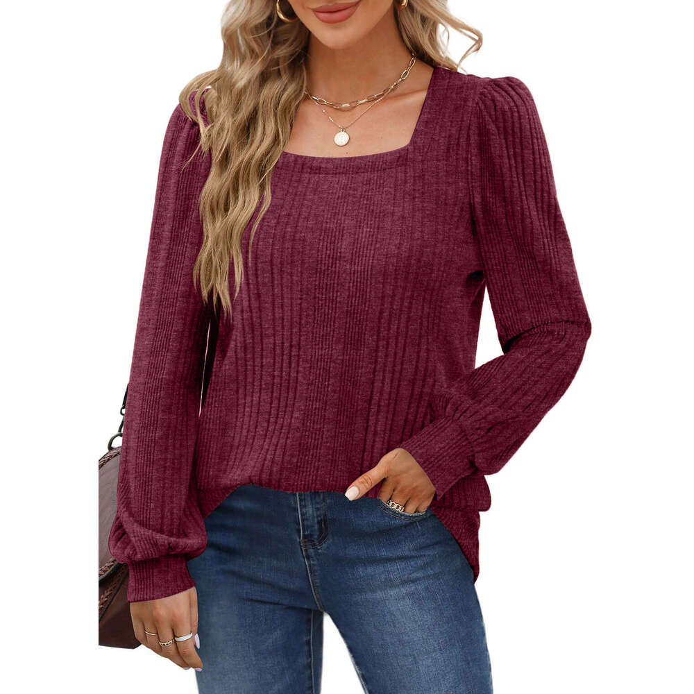 2024 Temu Autumn/Winter New Product Women's Pit Bar Square Collar Fashion Casual Long Sleeve Top