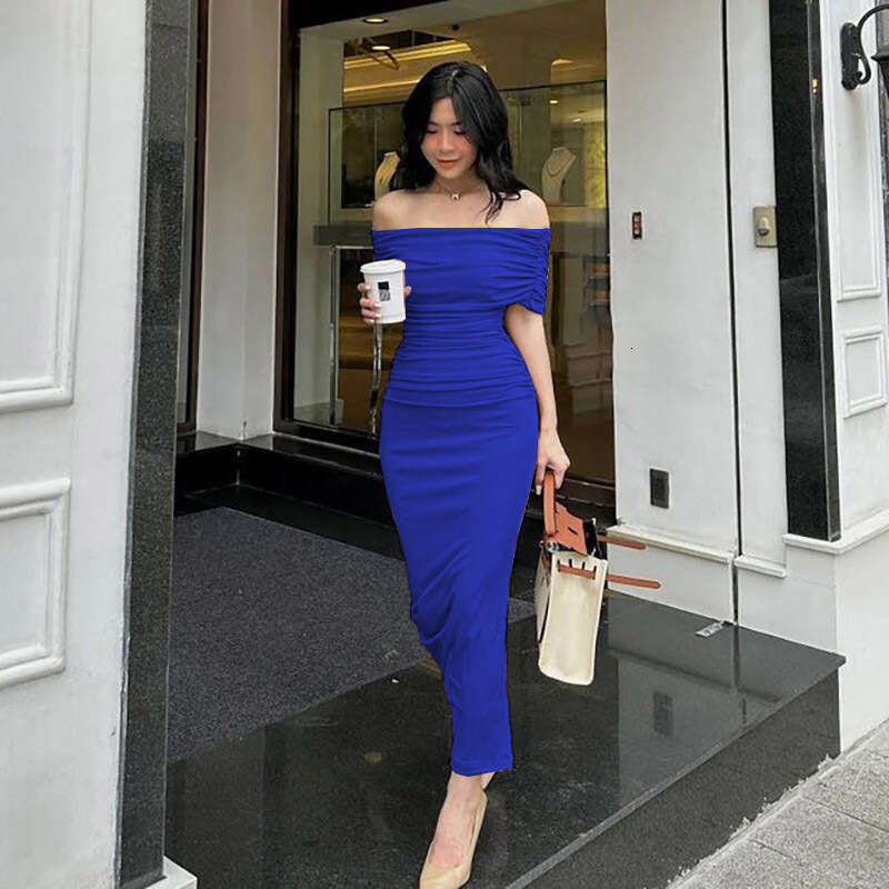 2023 Spring Off Shoulder Pleated Fit Slim Split Bottom Long Dress
