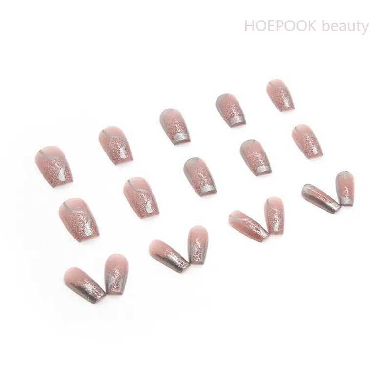 24 pieces of silver mirror long T reusable fake nail art seamless detachable full cover acrylic press machine fake nail press machine W240905