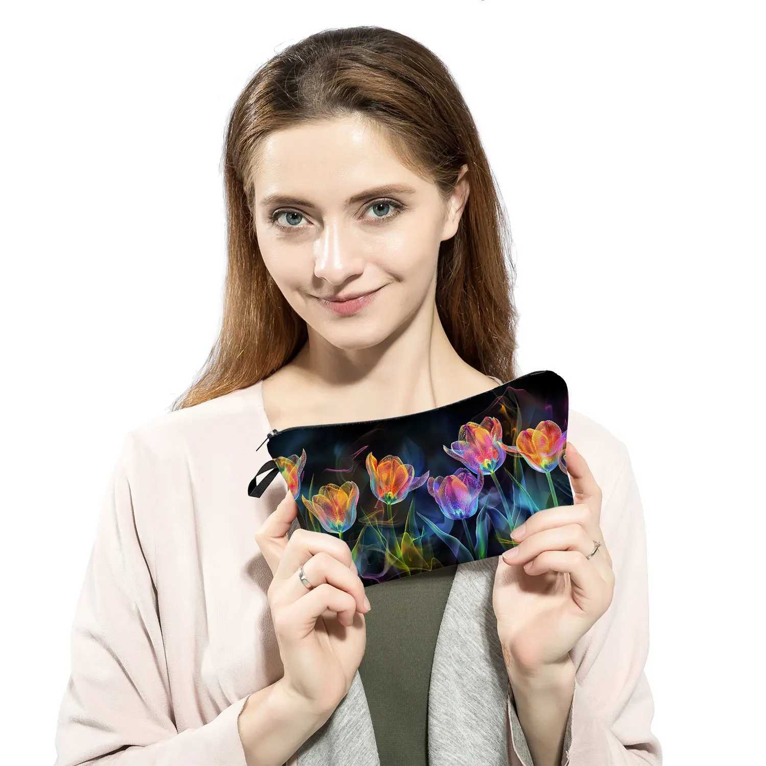 Tulip Printed Makeup Bag Outdoor Travel Portable Storage Bag LeiSURE Plant Flower Double sided Makeup Bag W240905