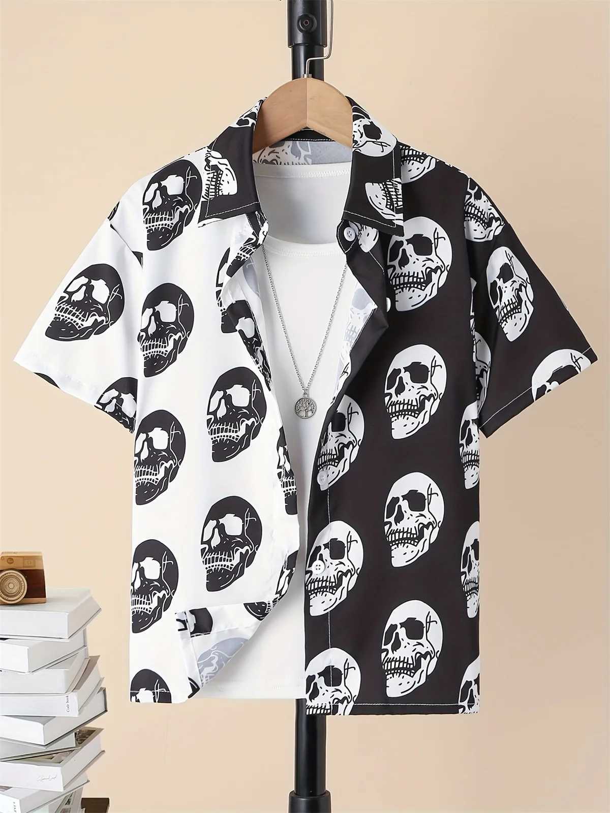 Childrens Shirt Boy Trendy Pattern Casual Boys Shirt Childrens Blouses Short Sleeve Tshirt Girl Turn-Down Outerwear Top Shirt Y240906