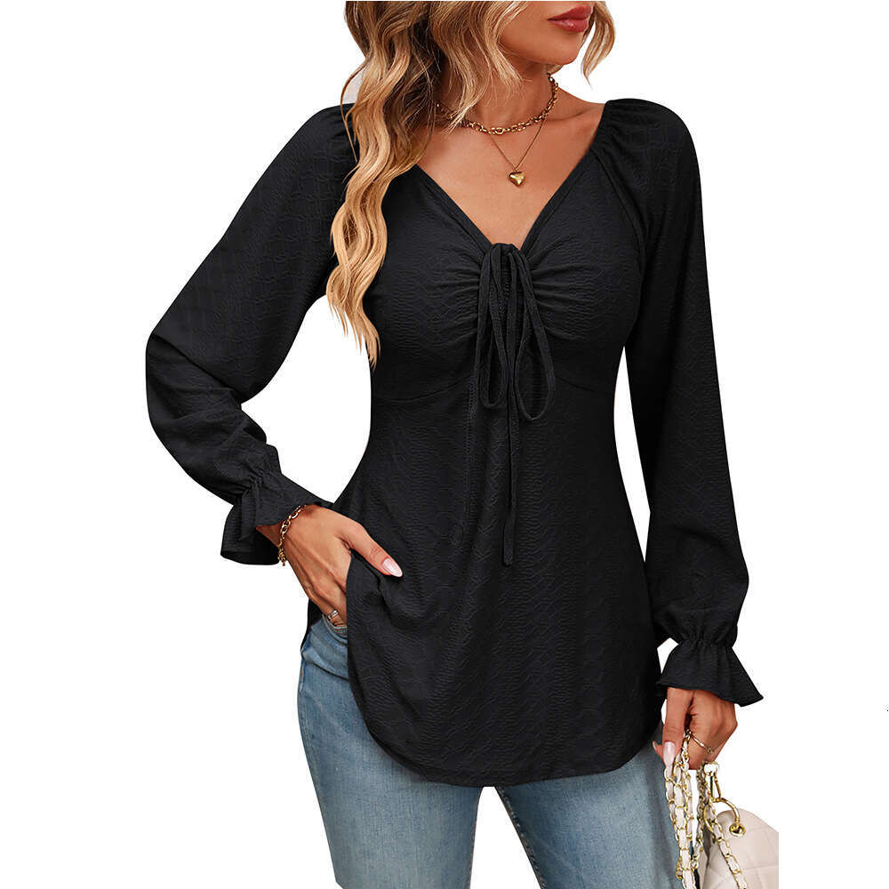 2024 Autumn New Womens V-neck drawstring waist sexy long sleeved solid color T-shirt