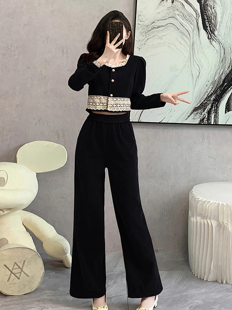 Spring and autumn two-piece pants set womens casual jacket jacketelastic waist wide leg pants set womens Trouser set 240903