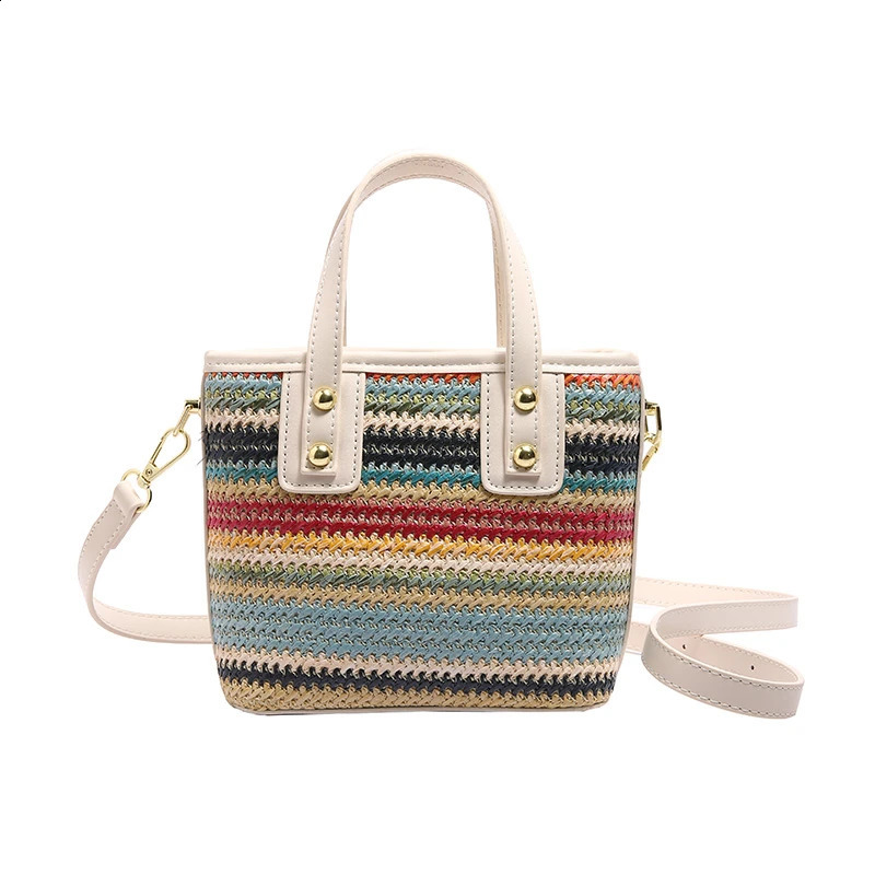 Handwork Straw Bag Summer Women Bucket Bag Purse Fashion er Straw Woven Handbag Beach Travel Ladies Shoulder Crossbody Bag 240902