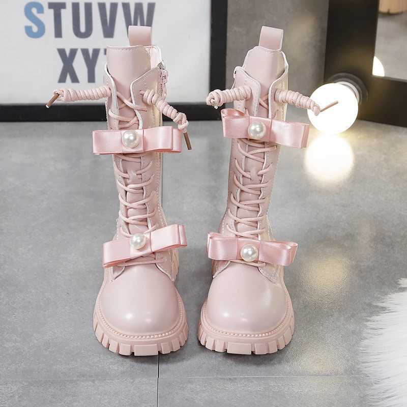 Winter Long Boots For Girls Luxury Pearl Bow Teenager Girls Fashion Boots Faux Fur Thick Warm Cotton Snow Boots For Girls M240906