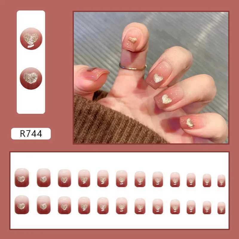 Heallor Gold Dust Love Wearable Pink Pressing Fake Nail Tip with Adhesive Fake Nail Design Butterfly Cute Girl Fake Nail W240905