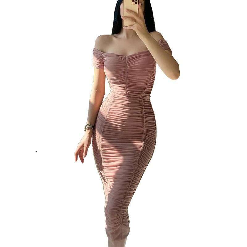 New style solid color long with elegant temperament, summer women's one shoulder pleated dress