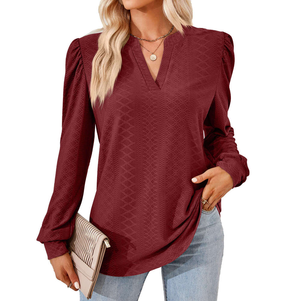 2024 Autumn/Winter New Solid V-Neck Jacquard Long Sleeve Loose T-shirt Top for Women