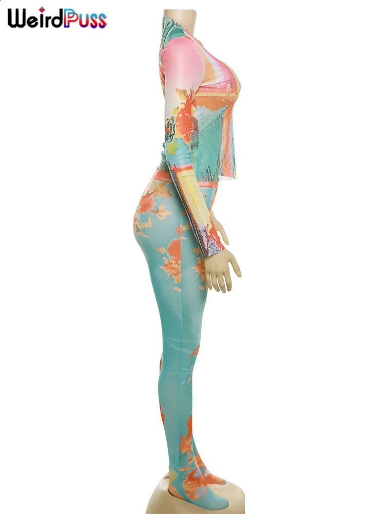 Weird Puss Mesh Flowers Print Two Piece Set Summer Thin Full Sleeve Top TopsFoot Leggings Matching Stretch Streetwear Outfits 240906