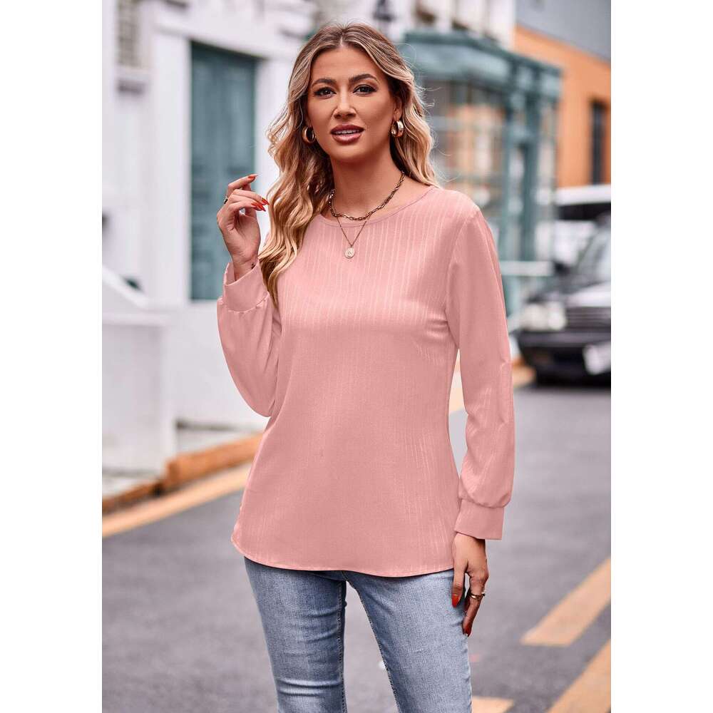 2024 Autumn New Womens Solid Color Double Line Jacquard T-shirt Long Sleeve Top