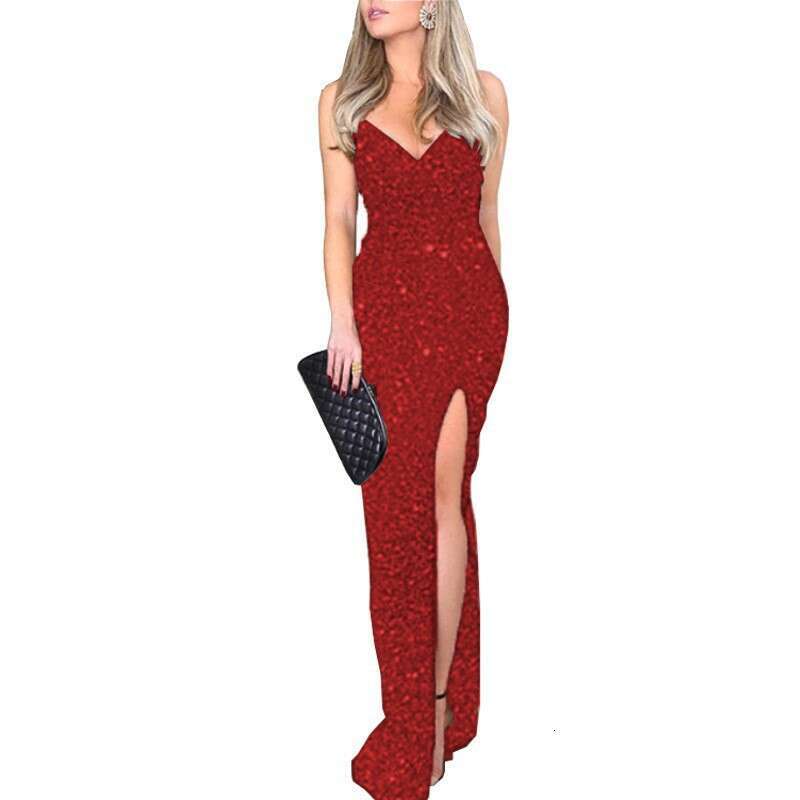 Women's new hot stamping dress, sexy split high waisted formal with V-neck strap dress